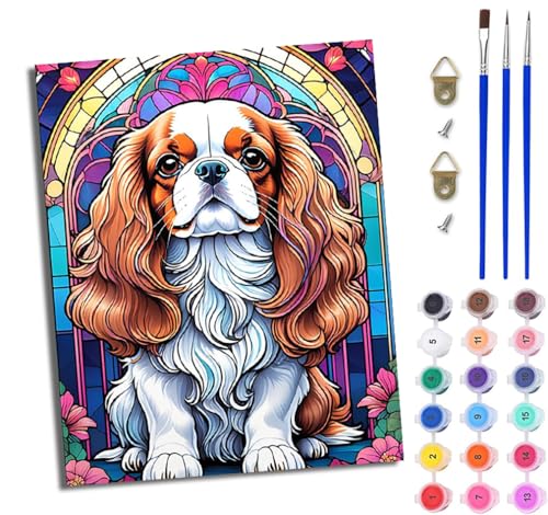 WJWWANG Malen nach Zahlen DIY Handgemalt Ölgemälde Set für Anfänger und Jugendliche Englischer King Charles Spaniel Pinsel und Acrylfarbe 40x50 cm ideal als Geschenk oder zur Heimdekoration von WJWWANG