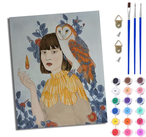 WJWWANG Malen nach Zahlen DIY Handgemalt Ölgemälde Set für Anfänger und Jugendliche Eule und Mädchen Pinsel und Acrylfarbe 40x50 cm ideal als Geschenk oder zur Heimdekoration von WJWWANG