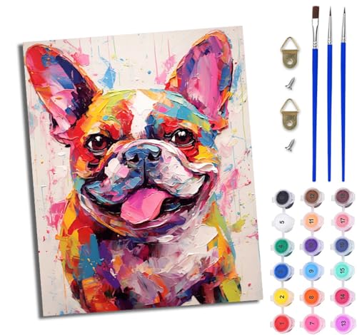 WJWWANG Malen nach Zahlen DIY Handgemalt Ölgemälde Set für Anfänger und Jugendliche Farbige französische Bulldogge Pinsel und Acrylfarbe 40x50 cm ideal als Geschenk oder zur Heimdekoration von WJWWANG