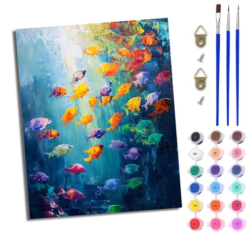 WJWWANG Malen nach Zahlen DIY Handgemalt Ölgemälde Set für Anfänger und Jugendliche Fische Unterwasserwelt Pinsel und Acrylfarbe 40x50 cm ideal als Geschenk oder zur Heimdekoration von WJWWANG