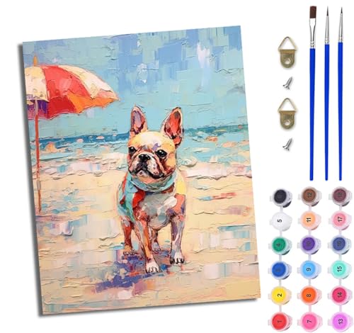WJWWANG Malen nach Zahlen DIY Handgemalt Ölgemälde Set für Anfänger und Jugendliche Französische Bulldogge im Urlaub Pinsel und Acrylfarbe 40x50 cm ideal als Geschenk oder zur Heimdekoration von WJWWANG