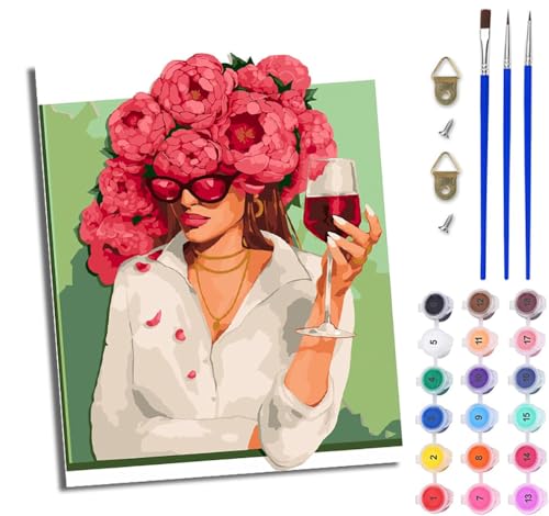 WJWWANG Malen nach Zahlen DIY Handgemalt Ölgemälde Set für Anfänger und Jugendliche Frau hält Rotwein Pinsel und Acrylfarbe 40x50 cm ideal als Geschenk oder zur Heimdekoration von WJWWANG