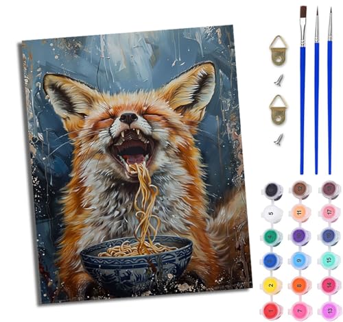 WJWWANG Malen nach Zahlen DIY Handgemalt Ölgemälde Set für Anfänger und Jugendliche Fuchs isst Nudeln Pinsel und Acrylfarbe 40x50 cm ideal als Geschenk oder zur Heimdekoration von WJWWANG
