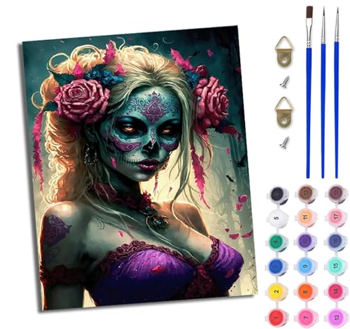 WJWWANG Malen nach Zahlen DIY Handgemalt Ölgemälde Set für Anfänger und Jugendliche Geistergesicht Tattoo Frau Pinsel und Acrylfarbe 40x50 cm ideal als Geschenk oder zur Heimdekoration von WJWWANG