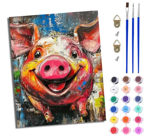 WJWWANG Malen nach Zahlen DIY Handgemalt Ölgemälde Set für Anfänger und Jugendliche Glückliches rosa Schwein Pinsel und Acrylfarbe 40x50 cm ideal als Geschenk oder zur Heimdekoration von WJWWANG