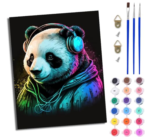 WJWWANG Malen nach Zahlen DIY Handgemalt Ölgemälde Set für Anfänger und Jugendliche Großer Panda mit Kopfhörern Pinsel und Acrylfarbe 40x50 cm ideal als Geschenk oder zur Heimdekoration von WJWWANG