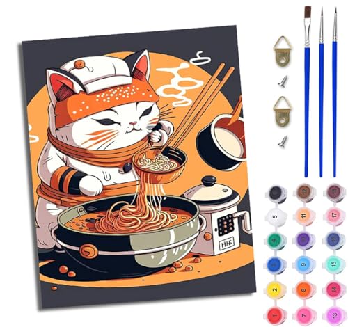 WJWWANG Malen nach Zahlen DIY Handgemalt Ölgemälde Set für Anfänger und Jugendliche Japanische Ramen vom Katzenkoch Pinsel und Acrylfarbe 40x50 cm ideal als Geschenk oder zur Heimdekoration von WJWWANG