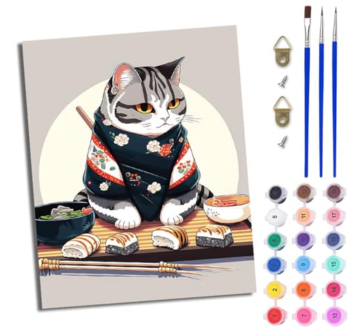 WJWWANG Malen nach Zahlen DIY Handgemalt Ölgemälde Set für Anfänger und Jugendliche Japanisches Sushi-Kätzchen Pinsel und Acrylfarbe 40x50 cm ideal als Geschenk oder zur Heimdekoration von WJWWANG