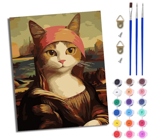 WJWWANG Malen nach Zahlen DIY Handgemalt Ölgemälde Set für Anfänger und Jugendliche Katze Mona Lisa Pinsel und Acrylfarbe 40x50 cm ideal als Geschenk oder zur Heimdekoration von WJWWANG