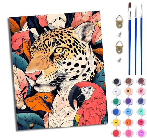 WJWWANG Malen nach Zahlen DIY Handgemalt Ölgemälde Set für Anfänger und Jugendliche Leopardenpapagei-Regenwald Pinsel und Acrylfarbe 40x50 cm ideal als Geschenk oder zur Heimdekoration von WJWWANG