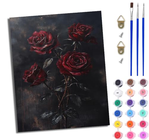 WJWWANG Malen nach Zahlen DIY Handgemalt Ölgemälde Set für Anfänger und Jugendliche Leuchtend rote Rosenblüten Pinsel und Acrylfarbe 40x50 cm ideal als Geschenk oder zur Heimdekoration von WJWWANG
