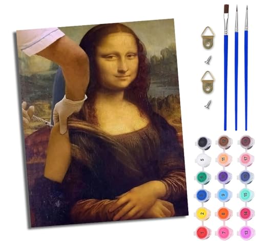 WJWWANG Malen nach Zahlen DIY Handgemalt Ölgemälde Set für Anfänger und Jugendliche Mona Lisa bekommt eine Spritze Pinsel und Acrylfarbe 40x50 cm ideal als Geschenk oder zur Heimdekoration von WJWWANG