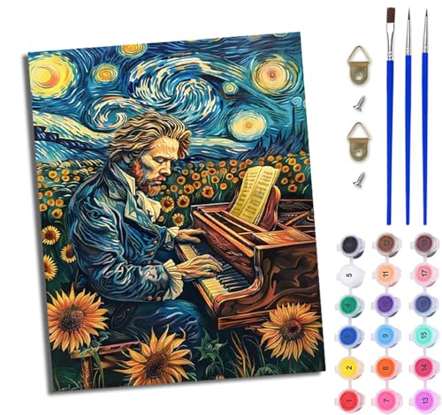 WJWWANG Malen nach Zahlen DIY Handgemalt Ölgemälde Set für Anfänger und Jugendliche Mondscheinblumen spielen Klavier Pinsel und Acrylfarbe 40x50 cm ideal als Geschenk oder zur Heimdekoration von WJWWANG