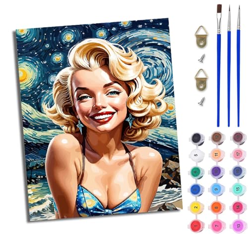 WJWWANG Malen nach Zahlen DIY Handgemalt Ölgemälde Set für Anfänger und Jugendliche Mondscheinschönheit Monroe Pinsel und Acrylfarbe 40x50 cm ideal als Geschenk oder zur Heimdekoration von WJWWANG