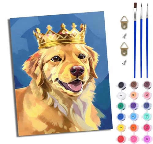 WJWWANG Malen nach Zahlen DIY Handgemalt Ölgemälde Set für Anfänger und Jugendliche Niedlicher Kronen-Golden Retriever Pinsel und Acrylfarbe 40x50 cm ideal als Geschenk oder zur Heimdekoration von WJWWANG