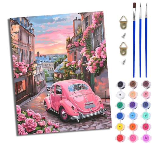 WJWWANG Malen nach Zahlen DIY Handgemalt Ölgemälde Set für Anfänger und Jugendliche Rosafarbenes Kleinstadtauto Pinsel und Acrylfarbe 40x50 cm ideal als Geschenk oder zur Heimdekoration von WJWWANG