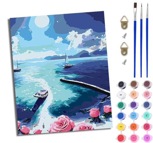 WJWWANG Malen nach Zahlen DIY Handgemalt Ölgemälde Set für Anfänger und Jugendliche Rose Beach Landschaft Pinsel und Acrylfarbe 40x50 cm Mit Rahmen ideal als Geschenk oder zur Heimdekoration von WJWWANG