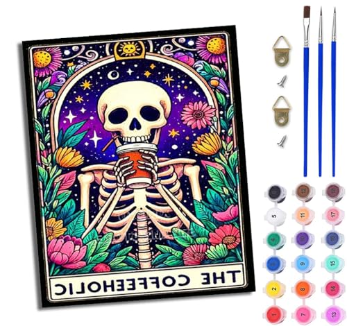 WJWWANG Malen nach Zahlen DIY Handgemalt Ölgemälde Set für Anfänger und Jugendliche Schädel, der Kaffee trinkt Pinsel und Acrylfarbe 40x50 cm Mit Rahmen ideal als Geschenk oder zur Heimdekoration von WJWWANG