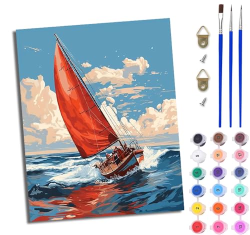 WJWWANG Malen nach Zahlen DIY Handgemalt Ölgemälde Set für Anfänger und Jugendliche Segelboot Wellen Blauer Himmel Pinsel und Acrylfarbe 40x50 cm ideal als Geschenk oder zur Heimdekoration von WJWWANG