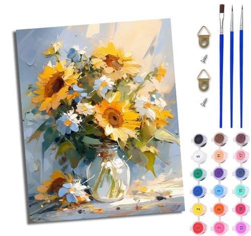WJWWANG Malen nach Zahlen DIY Handgemalt Ölgemälde Set für Anfänger und Jugendliche Sonnenblumenvase Pinsel und Acrylfarbe 40x50 cm ideal als Geschenk oder zur Heimdekoration von WJWWANG