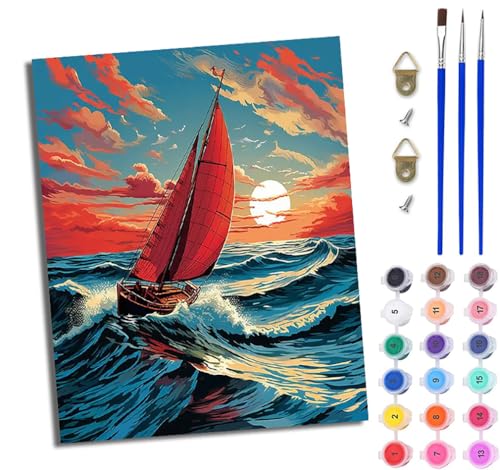 WJWWANG Malen nach Zahlen DIY Handgemalt Ölgemälde Set für Anfänger und Jugendliche Sonnenuntergang Wellen Segelboot Pinsel und Acrylfarbe 40x50 cm ideal als Geschenk oder zur Heimdekoration von WJWWANG