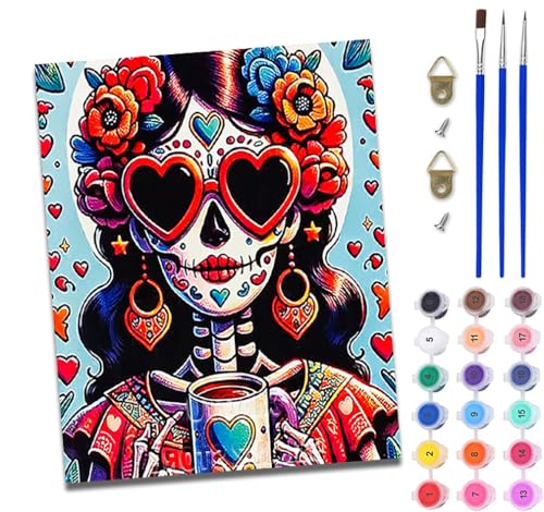 WJWWANG Malen nach Zahlen DIY Handgemalt Ölgemälde Set für Anfänger und Jugendliche Totenkopf Mädchen Kaffee Pinsel und Acrylfarbe 40x50 cm Mit Rahmen ideal als Geschenk oder zur Heimdekoration WJWWANG Malen nach Zahlen DIY Handgemalt Ölgemälde Set für Anfänger und Jugendliche Totenkopf Mädchen Kaffee Pinsel und Acrylfarbe 40x50 cm Mit Rahmen ideal als Geschenk oder zur Heimdekoration von WJWWANG