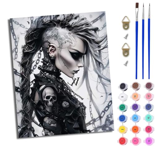 WJWWANG Malen nach Zahlen DIY Handgemalt Ölgemälde Set für Anfänger und Jugendliche Totenkopf Tattoo Frau Pinsel und Acrylfarbe 40x50 cm Mit Rahmen ideal als Geschenk oder zur Heimdekoration von WJWWANG