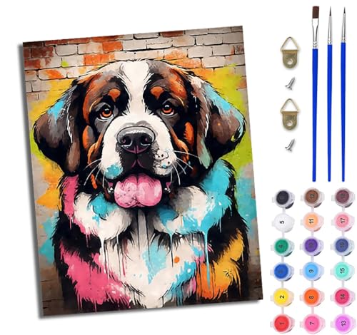 WJWWANG Malen nach Zahlen DIY Handgemalt Ölgemälde Set für Anfänger und Jugendliche Treuer Bernhardiner Pinsel und Acrylfarbe 40x50 cm ideal als Geschenk oder zur Heimdekoration von WJWWANG