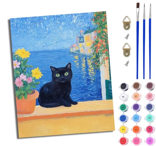 WJWWANG Malen nach Zahlen DIY Handgemalt Ölgemälde Set für Anfänger und Jugendliche Verträumte schwarze Katze Pinsel und Acrylfarbe 40x50 cm Mit Rahmen ideal als Geschenk oder zur Heimdekoration WJWWANG Malen nach Zahlen DIY Handgemalt Ölgemälde Set für Anfänger und Jugendliche Verträumte schwarze Katze Pinsel und Acrylfarbe 40x50 cm Mit Rahmen ideal als Geschenk oder zur Heimdekoration von WJWWANG