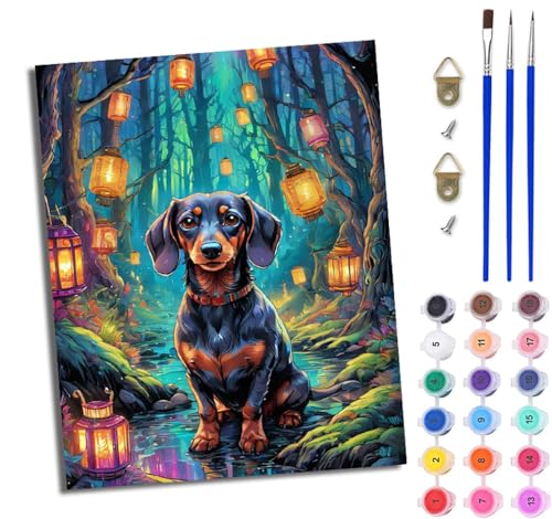 WJWWANG Malen nach Zahlen DIY Handgemalt Ölgemälde Set für Anfänger und Jugendliche Waldlaterne Dackel Pinsel und Acrylfarbe 40x50 cm ideal als Geschenk oder zur Heimdekoration von WJWWANG