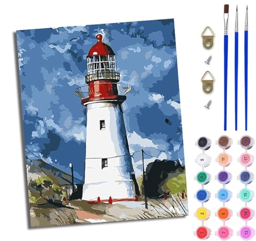 WJWWANG Malen nach Zahlen DIY Handgemalt Ölgemälde Set für Anfänger und Jugendliche Weiße Wolken und blauer Himmel Leuchtturm Pinsel und Acrylfarbe 40x50 cm ideal als Geschenk oder zur Heimdekoration von WJWWANG