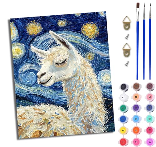 WJWWANG Malen nach Zahlen für Erwachsene Alpaka schläft im Mondlicht einfaches DIY-Ölgemälde-Set auf Leinwand mit3- Pinseln und Acrylpigment lustiges 40 × 50 cm（Rahmenlos） von WJWWANG