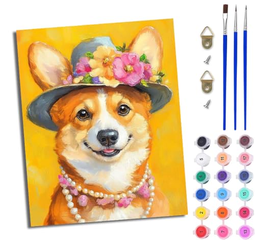 WJWWANG Malen nach Zahlen für Erwachsene Blume Corgi Perle Mit Acryl Farben und Premium Pinsel 40x50CM Mit Rahmen Home Deko oder Geburtstag Weihnachten Geschenk von WJWWANG