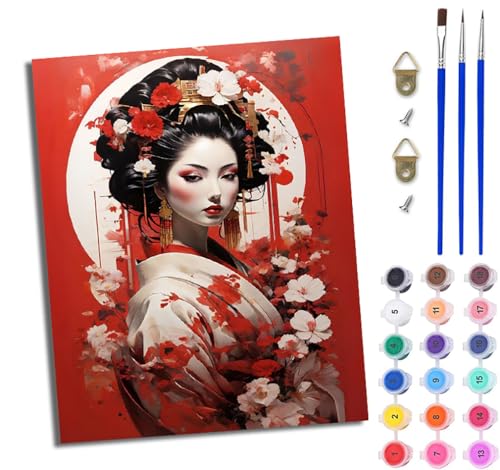 WJWWANG Malen nach Zahlen für Erwachsene Blumen Japanisches Mädchen einfaches DIY-Ölgemälde-Set auf Leinwand mit3- Pinseln und Acrylpigment lustiges 40 × 50 cm（Rahmenlos） von WJWWANG