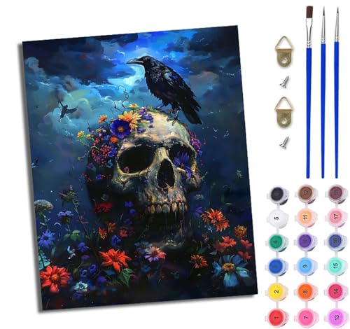 WJWWANG Malen nach Zahlen für Erwachsene Blumen Krähenschädel einfaches DIY-Ölgemälde-Set auf Leinwand mit3- Pinseln und Acrylpigment lustiges 40 × 50 cm（Rahmenlos） von WJWWANG