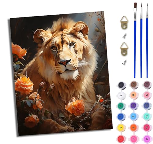 WJWWANG Malen nach Zahlen für Erwachsene Blumenlöwe einfaches DIY-Ölgemälde-Set auf Leinwand mit3- Pinseln und Acrylpigment lustiges 40 × 50 cm（Rahmenlos） von WJWWANG