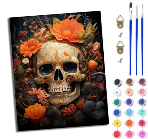 WJWWANG Malen nach Zahlen für Erwachsene Blumenschädel einfaches DIY-Ölgemälde-Set auf Leinwand mit3- Pinseln und Acrylpigment lustiges 40 × 50 cm（Rahmenlos） von WJWWANG
