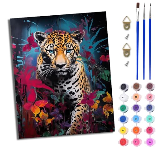 WJWWANG Malen nach Zahlen für Erwachsene Bunter Blumenleopard einfaches DIY-Ölgemälde-Set auf Leinwand mit3- Pinseln und Acrylpigment lustiges 40 × 50 cm（Rahmenlos） von WJWWANG