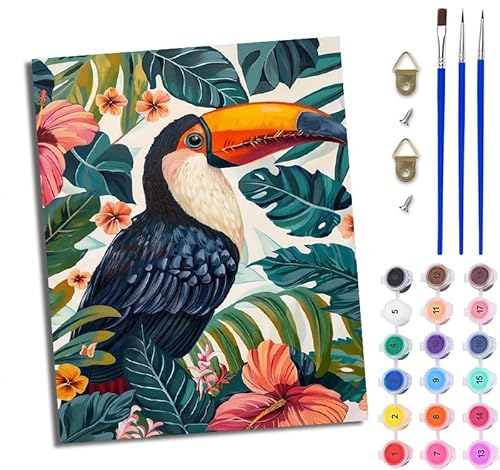 WJWWANG Malen nach Zahlen für Erwachsene Bunter Tukan einfaches DIY-Ölgemälde-Set auf Leinwand mit3- Pinseln und Acrylpigment lustiges 40 × 50 cm（Rahmenlos） von WJWWANG