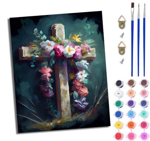 WJWWANG Malen nach Zahlen für Erwachsene Buntes Blumenkreuz einfaches DIY-Ölgemälde-Set auf Leinwand mit3- Pinseln und Acrylpigment lustiges 40 × 50 cm（Rahmenlos） von WJWWANG