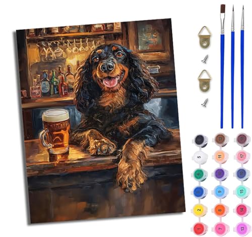 WJWWANG Malen nach Zahlen für Erwachsene Cocker Spaniel in einer Bar einfaches DIY-Ölgemälde-Set auf Leinwand mit3- Pinseln und Acrylpigment lustiges 40 × 50 cm（Rahmenlos） von WJWWANG