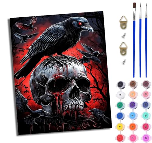WJWWANG Malen nach Zahlen für Erwachsene Dunkle Krähe und Skelett einfaches DIY-Ölgemälde-Set auf Leinwand mit3- Pinseln und Acrylpigment lustiges 40 × 50 cm（Rahmenlos） von WJWWANG