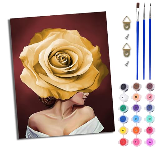 WJWWANG Malen nach Zahlen für Erwachsene Gelbes Rosenmädchen einfaches DIY-Ölgemälde-Set auf Leinwand mit3- Pinseln und Acrylpigment lustiges 40 × 50 cm（Rahmenlos） von WJWWANG