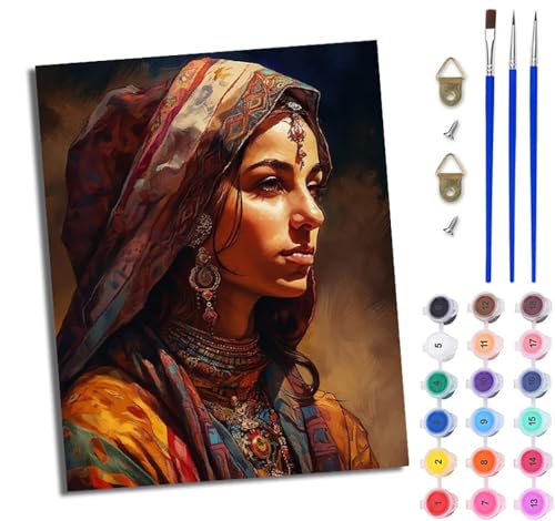 WJWWANG Malen nach Zahlen für Erwachsene Indisches ethnisches Mädchen einfaches DIY-Ölgemälde-Set auf Leinwand mit3- Pinseln und Acrylpigment lustiges 40 × 50 cm（Rahmenlos） von WJWWANG