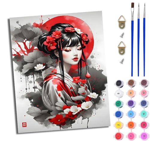 WJWWANG Malen nach Zahlen für Erwachsene Japanische Mädchen Blumen einfaches DIY-Ölgemälde-Set auf Leinwand mit3- Pinseln und Acrylpigment lustiges 40 × 50 cm（Rahmenlos） von WJWWANG