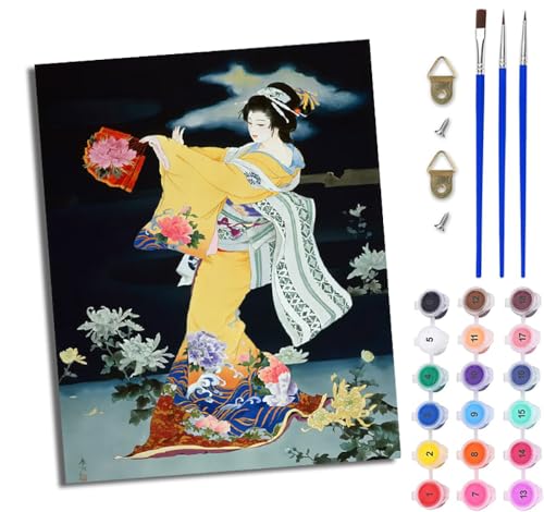 WJWWANG Malen nach Zahlen für Erwachsene Japanische Oiran-Frau einfaches DIY-Ölgemälde-Set auf Leinwand mit3- Pinseln und Acrylpigment lustiges 40 × 50 cm（Rahmenlos） von WJWWANG