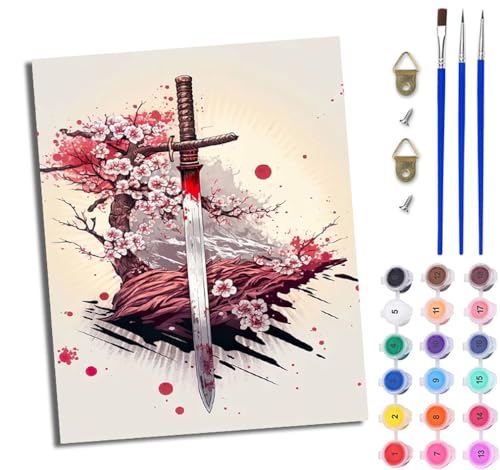 WJWWANG Malen nach Zahlen für Erwachsene Japanisches Samurai-Schwert einfaches DIY-Ölgemälde-Set auf Leinwand mit3- Pinseln und Acrylpigment lustiges 40 × 50 cm（Rahmenlos） von WJWWANG