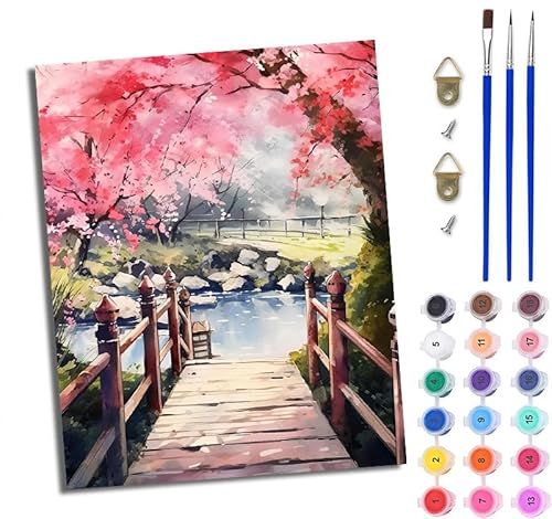 WJWWANG Malen nach Zahlen für Erwachsene Kirschbäume am Flussufer einfaches DIY-Ölgemälde-Set auf Leinwand mit3- Pinseln und Acrylpigment lustiges 40 × 50 cm（Rahmenlos） von WJWWANG