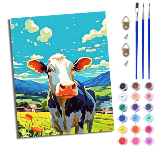 WJWWANG Malen nach Zahlen für Erwachsene Kühe auf der Blue Sky Farm einfaches DIY-Ölgemälde-Set auf Leinwand mit3- Pinseln und Acrylpigment lustiges 40 × 50 cm（Rahmenlos） von WJWWANG