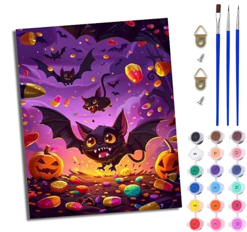 WJWWANG Malen nach Zahlen für Erwachsene Kürbislaterne Süße Fledermaus Mit Acryl Farben und Premium Pinsel 40x50CM Mit Rahmen Home Deko oder Geburtstag Weihnachten Geschenk von WJWWANG